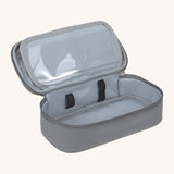 A open Lassig kids spacy school pencil case in bold anthracite showing the spacious main compartment. 
