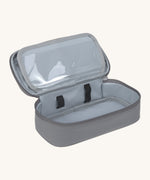 A open Lassig kids spacy school pencil case in bold anthracite showing the spacious main compartment. 
