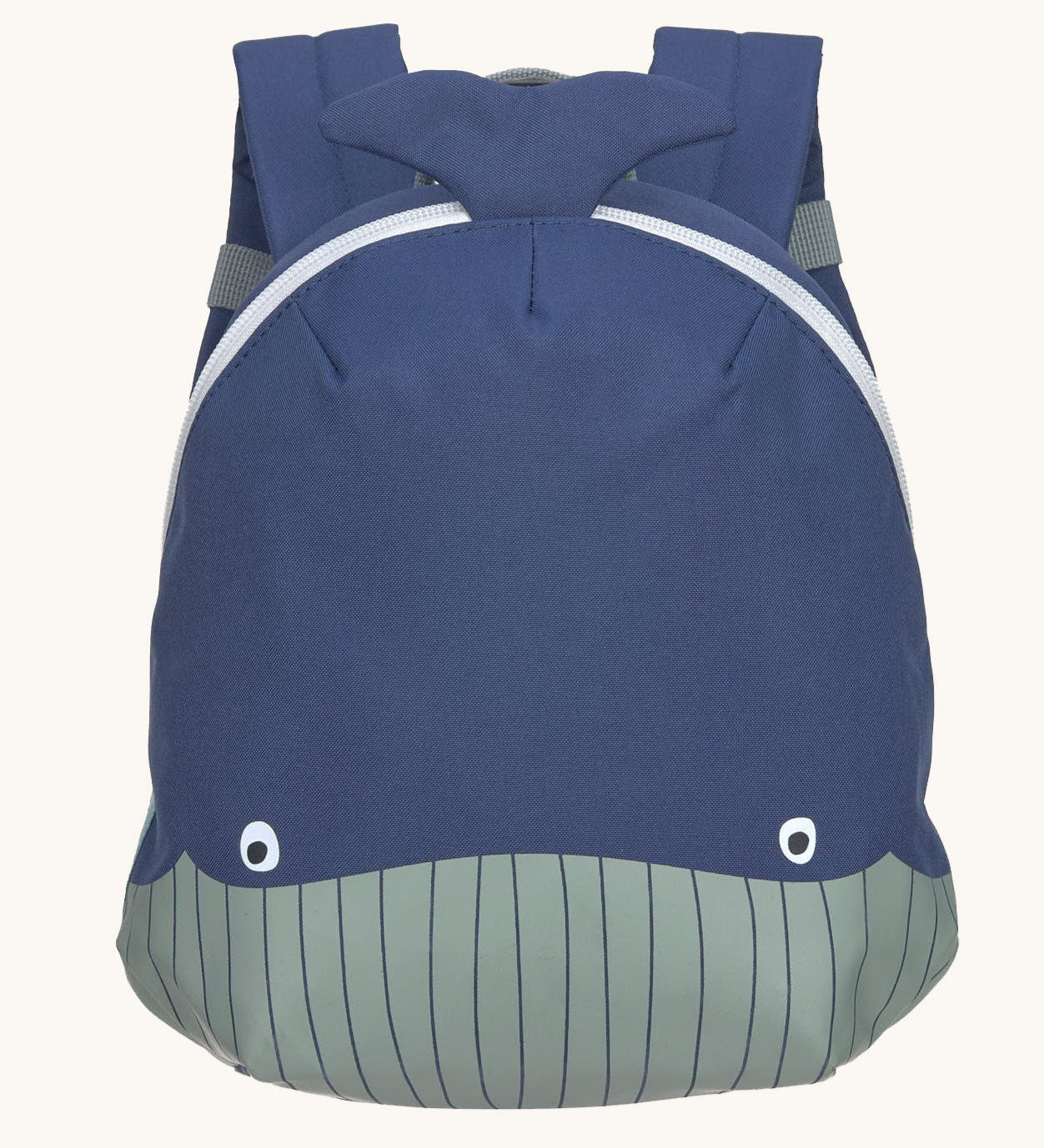 Lassig kids tiny backpack in whale available at Babipur. A dark blue backpack with a cute playful whale design on the front panel.