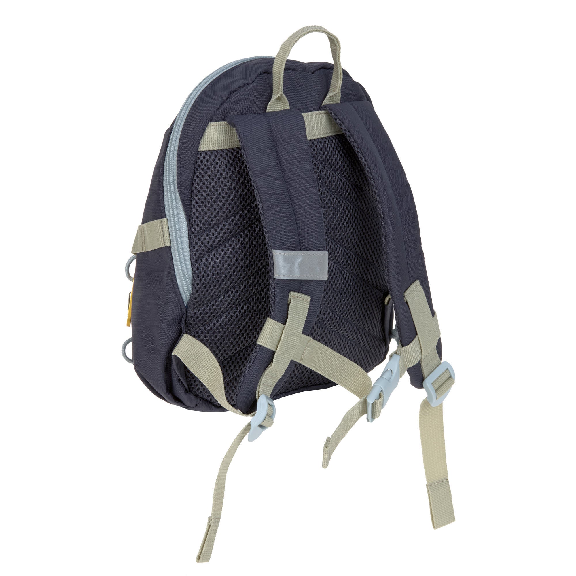 The back of the Lassig tiny kids backpack for toddlers and little children, in a dark navy blue.