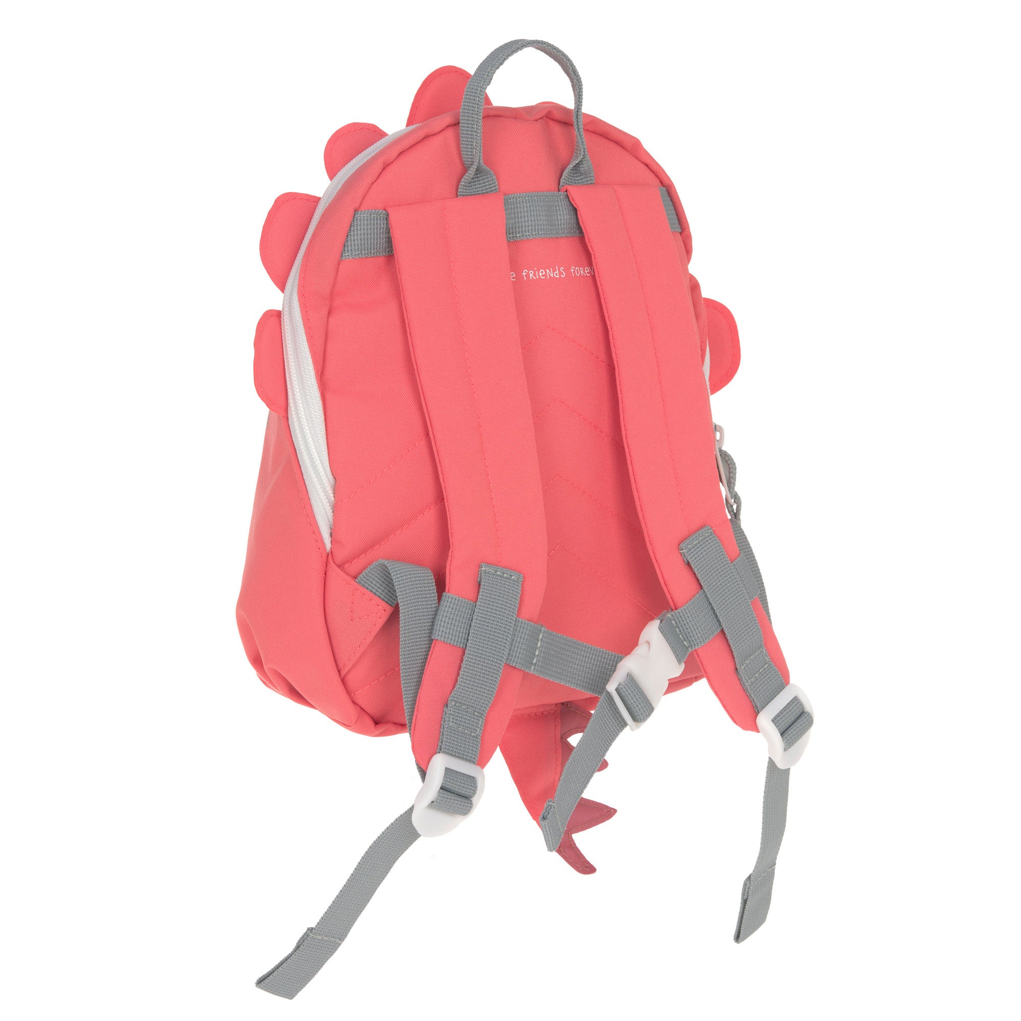The back of the Lassig Kids Tiny Backpack in a bright coral colour with a dinosaur face and 3D dino features.