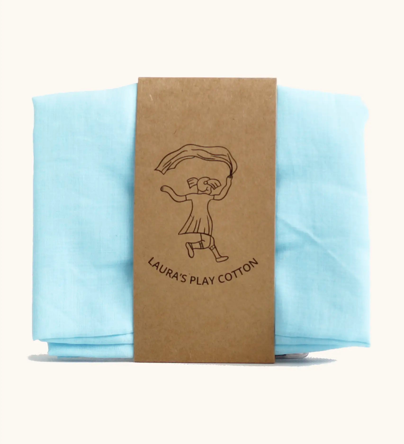 Laura's 100% organic cotton play cloth in light blue held together by a decorated cardboard strip