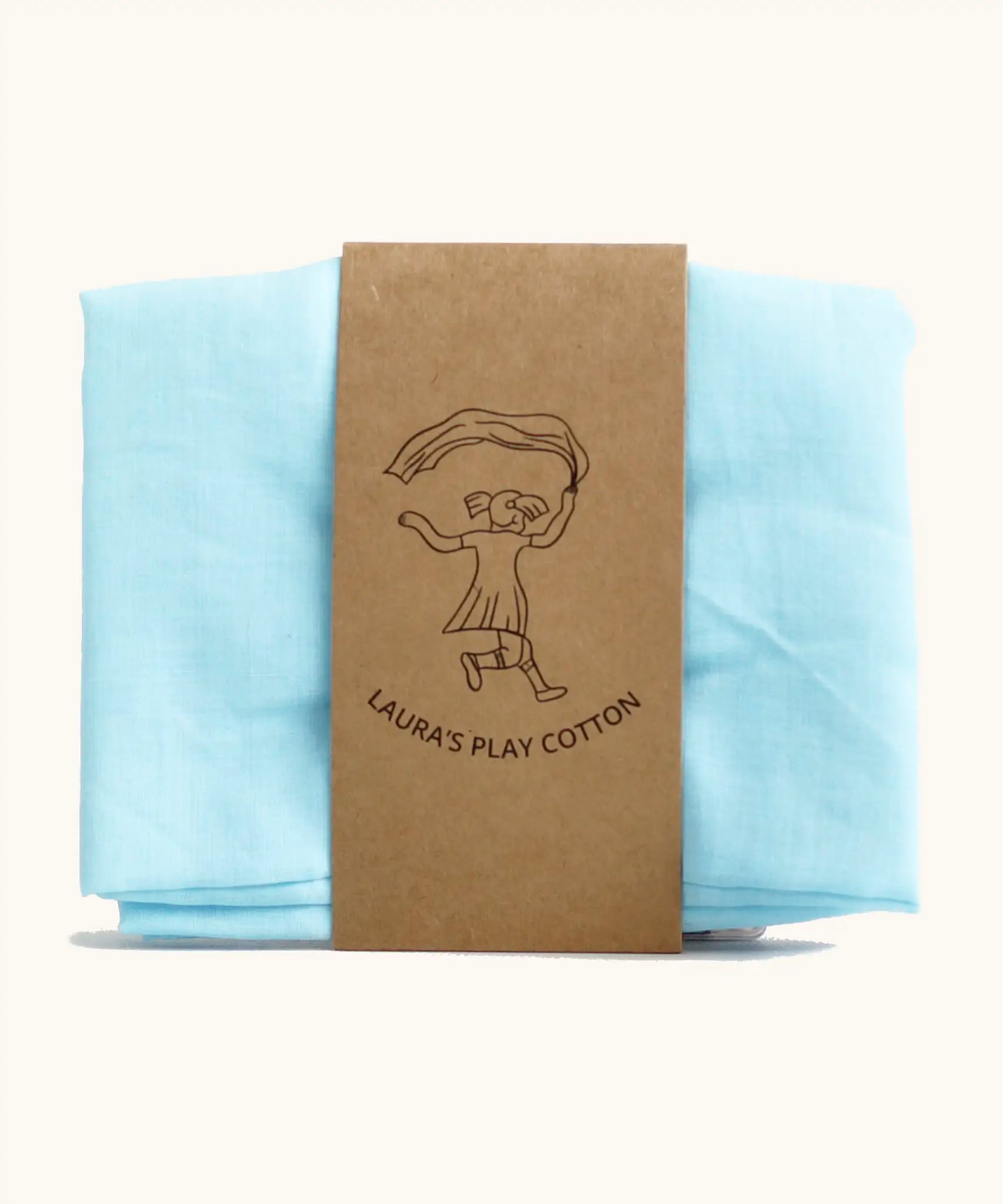 Laura's 100% organic cotton play cloth in light blue held together by a decorated cardboard strip