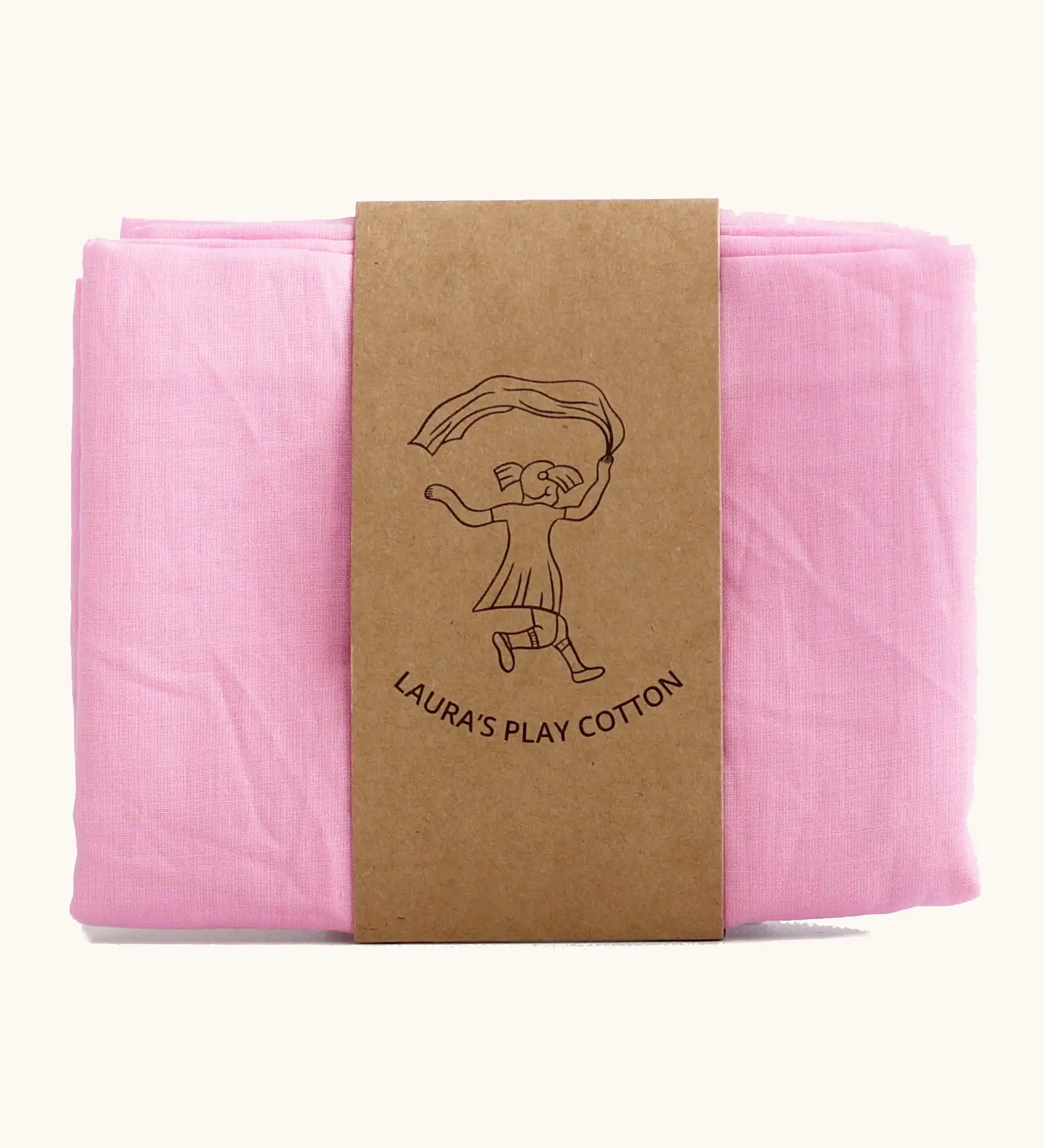 Laura's 100% organic cotton play cloth in pink held together by a decorated cardboard strip