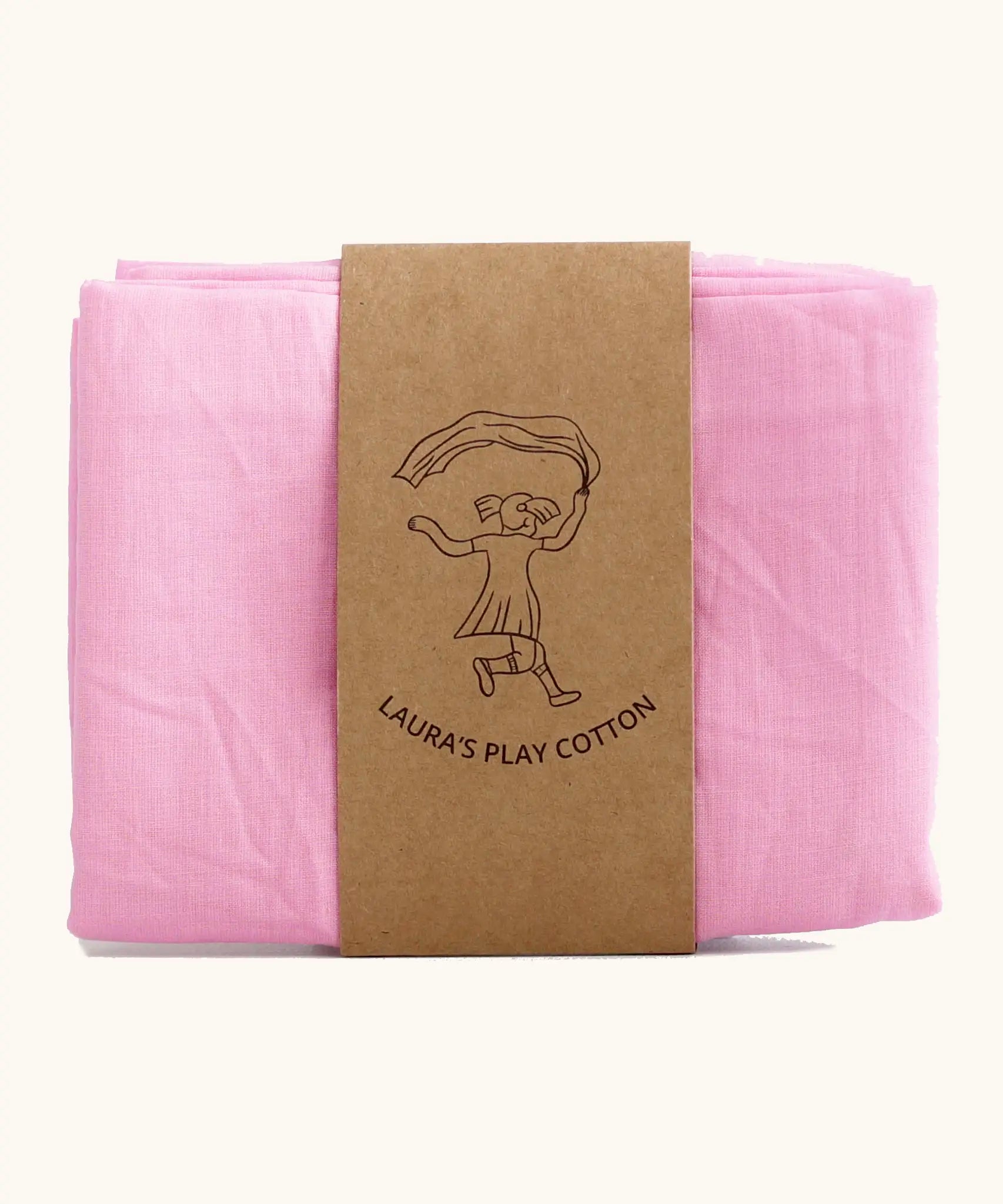 Laura's 100% organic cotton play cloth in pink held together by a decorated cardboard strip