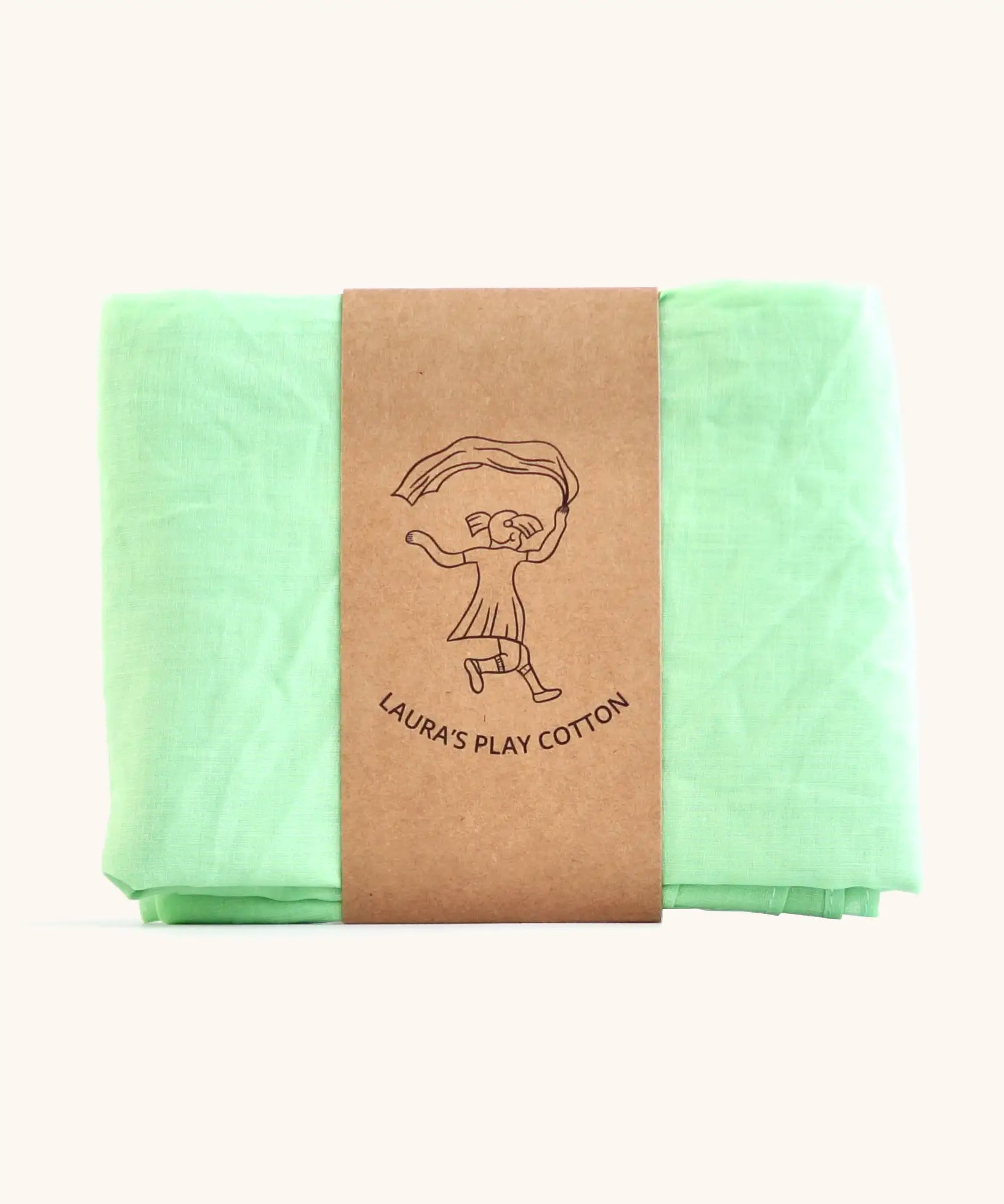 Laura's 100% organic cotton play cloth in light green held together by a decorated cardboard strip