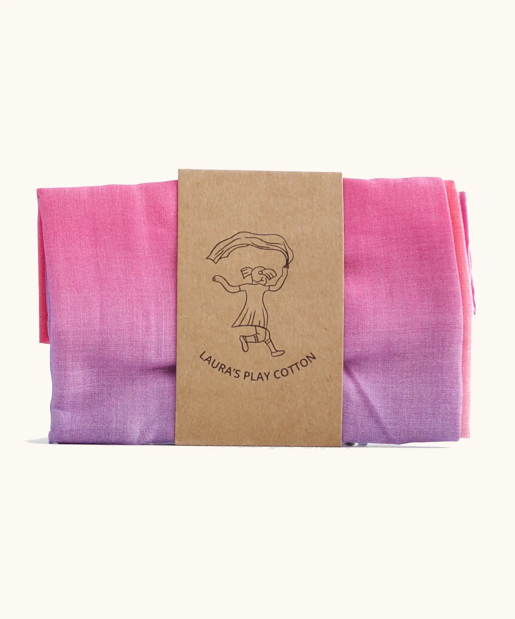 Laura's 100% organic cotton small play cloth in a pink gradient held together by a decorated cardboard strip