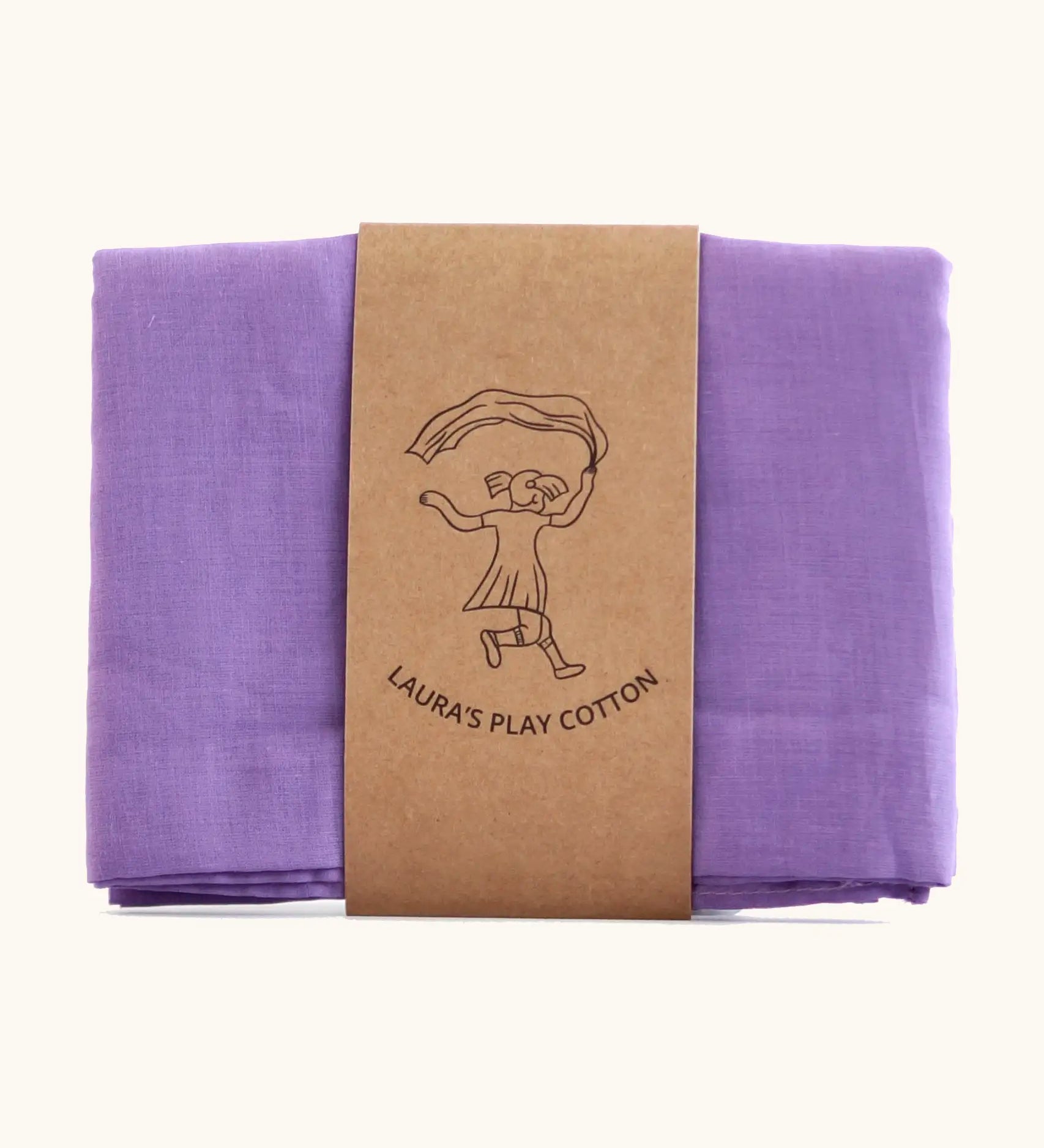 Laura's 100% organic cotton play cloth in violet held together by a decorated cardboard strip