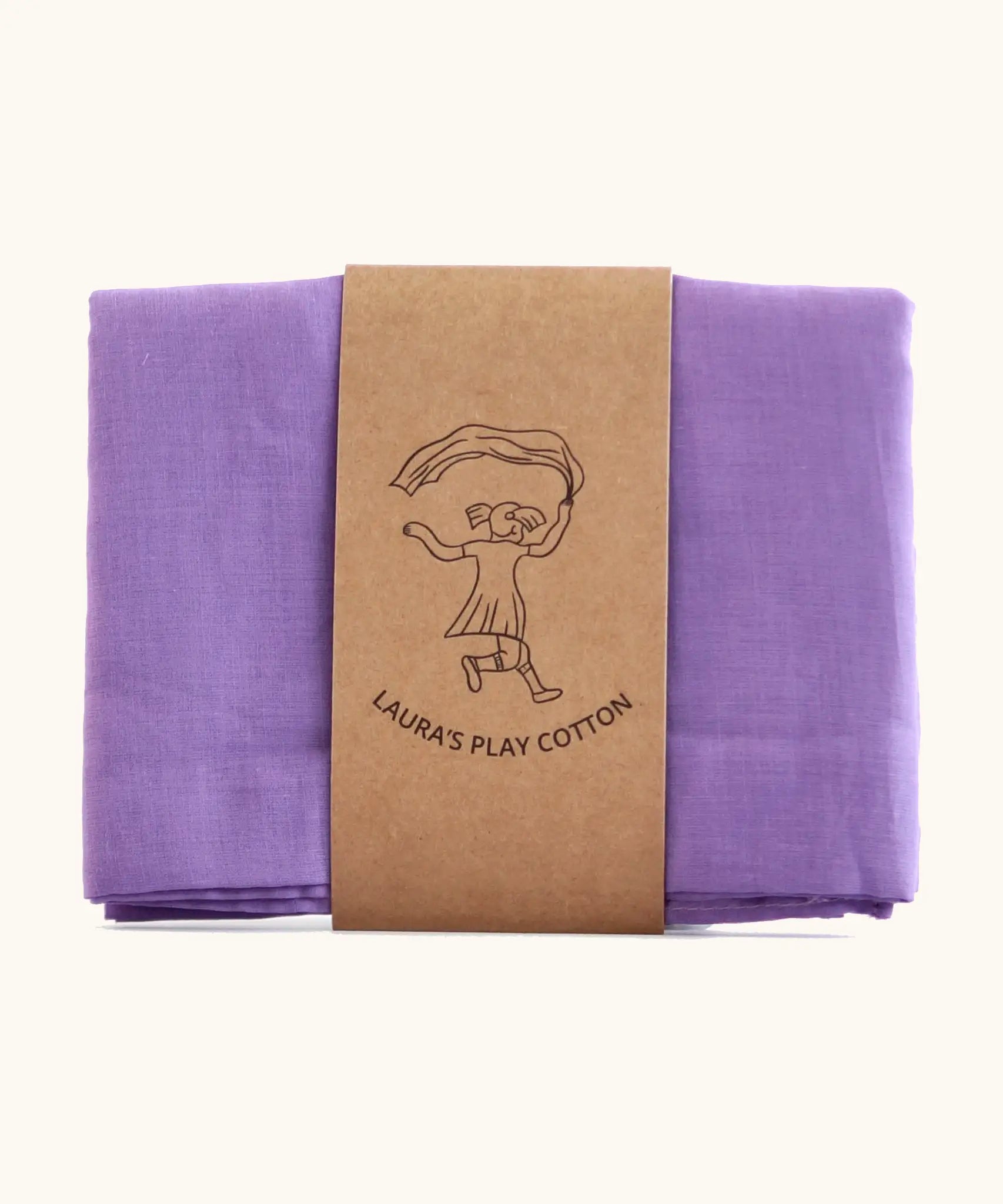 Laura's 100% organic cotton play cloth in violet held together by a decorated cardboard strip