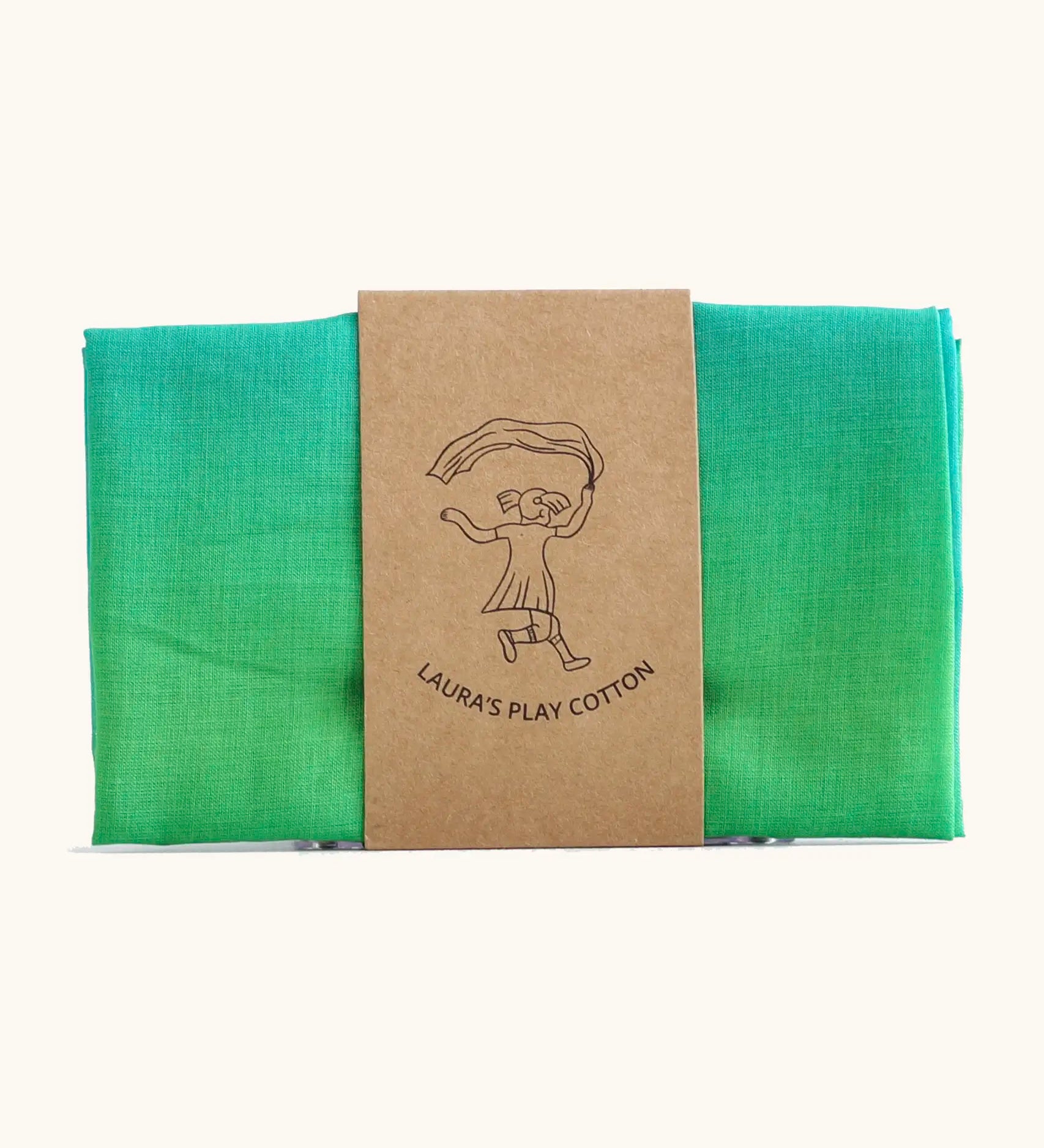 Laura's 100% organic cotton small play cloth in a green gradient held together by a decorated cardboard strip