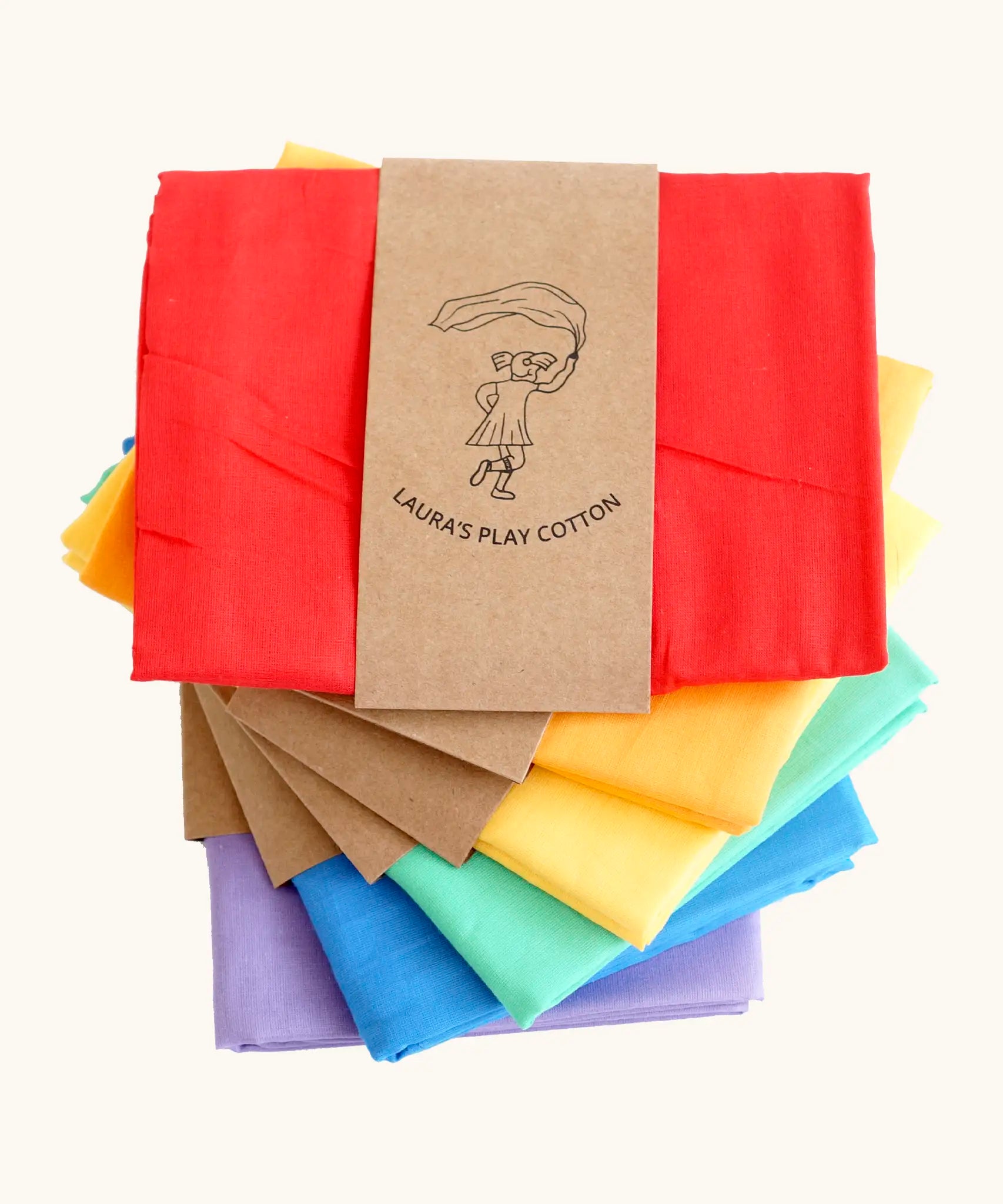 Pile of Laura's play cotton cloths in rainbow inspired colours. Made from 100% organic cotton 