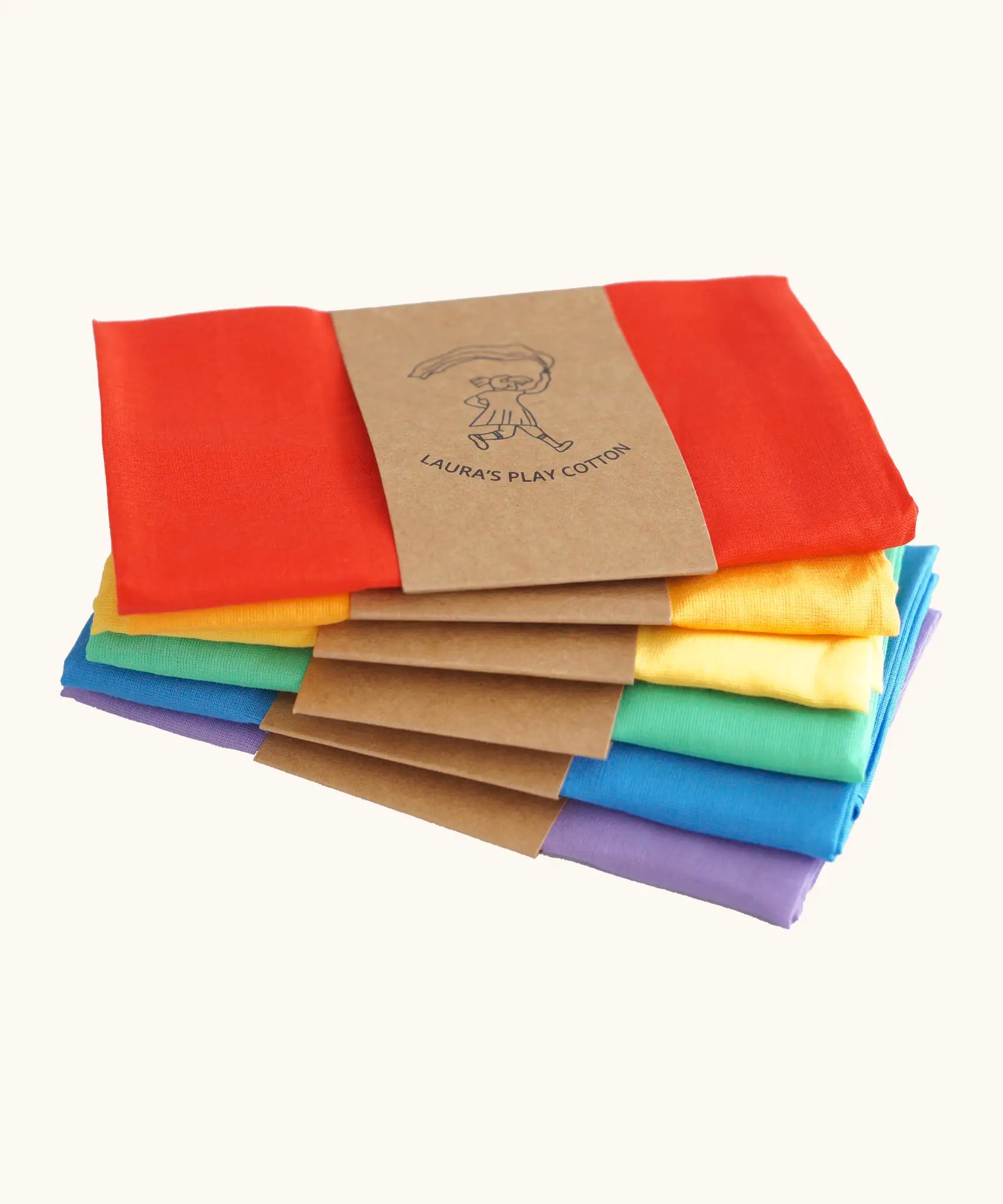 Stack of Laura's play cotton cloths in rainbow inspired colours. Made from 100% organic cotton