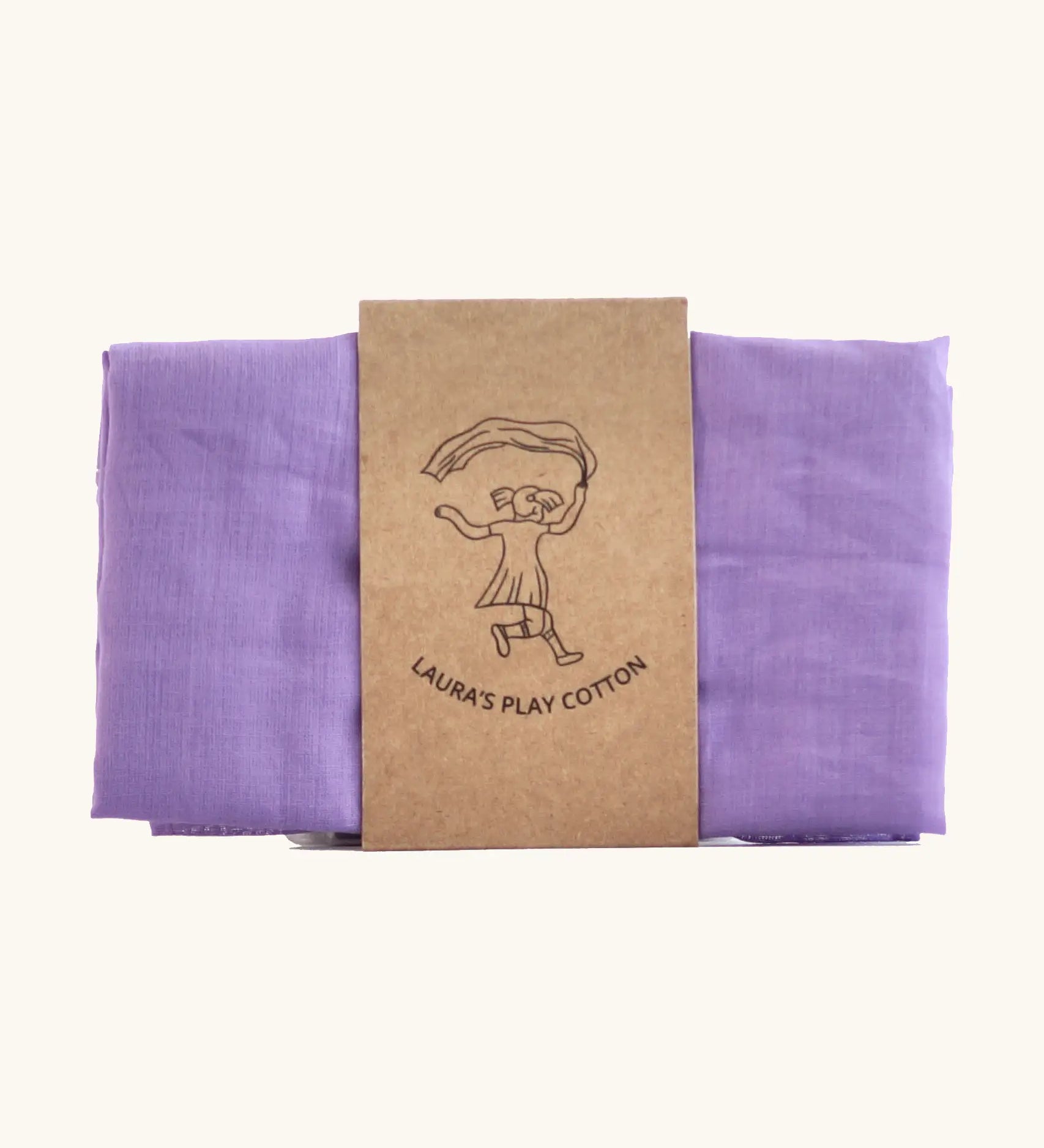 Laura's 100% organic cotton small play cloth in violet held together by a decorated cardboard strip