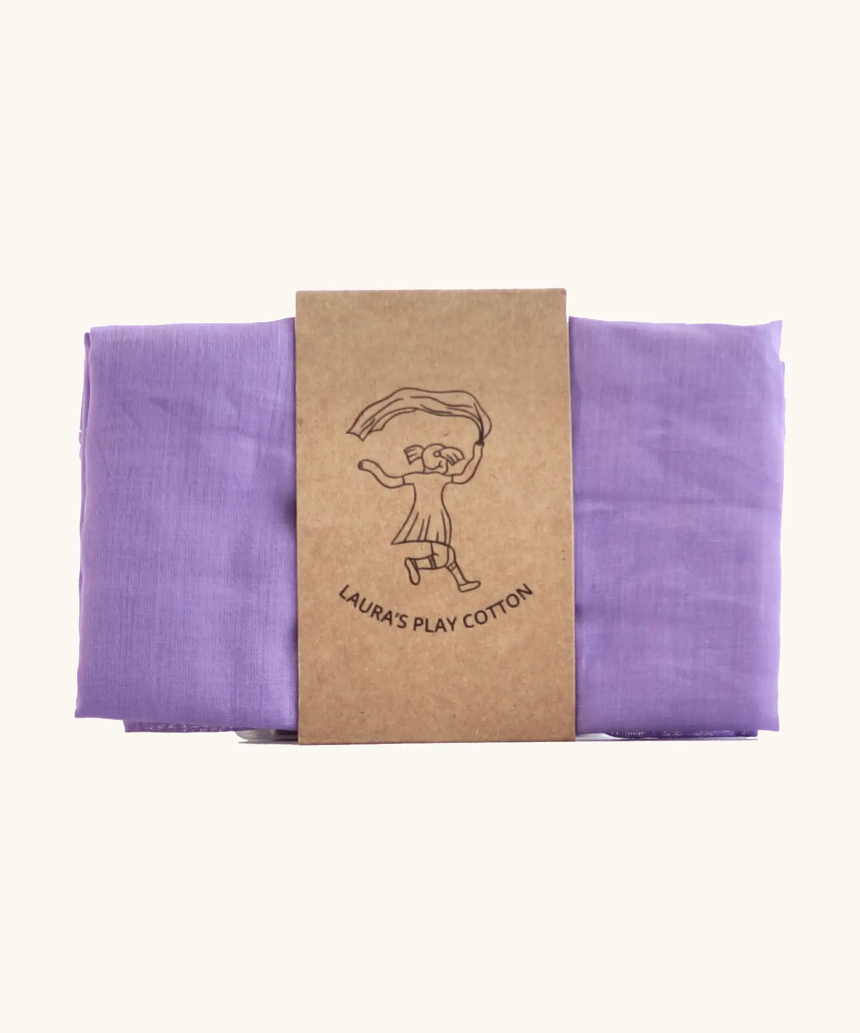 Laura's 100% organic cotton small play cloth in violet held together by a decorated cardboard strip