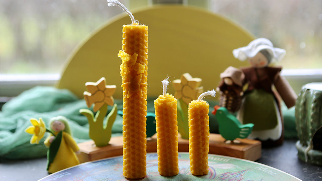 Three Lily and Mel beeswax candles with a festive spring background
