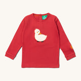 Little Green Radicals kids top available at Babipur. A GOTS organic cotton long sleeved top in red with a white duckling applique on the front and a sun embroidery on the sleeve. Features poppers on the back.