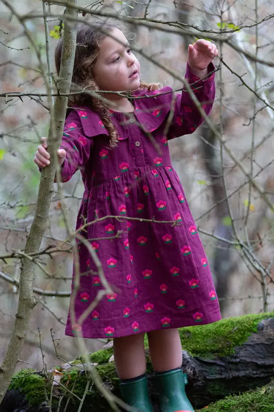 Little Green Radicals organic cotton sailor long sleeve dress in plum with repeat pink flower print and large collar, worn by girl in the woods.