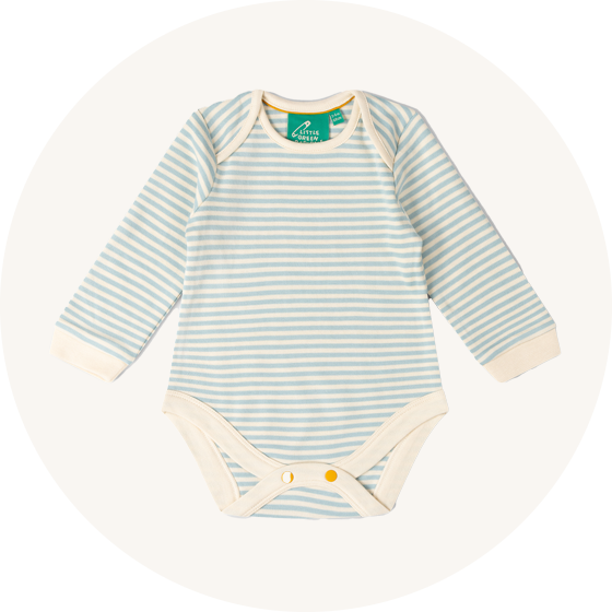 Little Green Radicals Organic Cotton blue striped baby body with long sleeves to represent Little Green Radicals baby bodies at Babipur. 