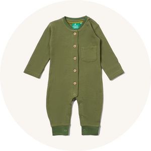 Little Green Radicals Waffle Playsuit in Chive green to represent Little Green Radicals organic cotton babygrows and rompers at Babipur.