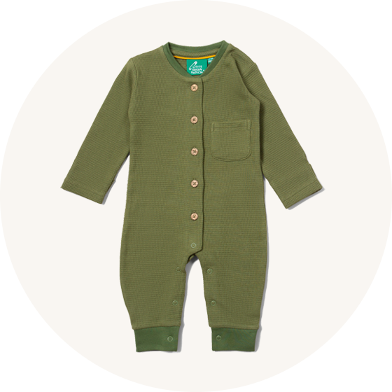 Little Green Radicals Waffle Playsuit in Chive green to represent Little Green Radicals organic cotton babygrows and rompers at Babipur.