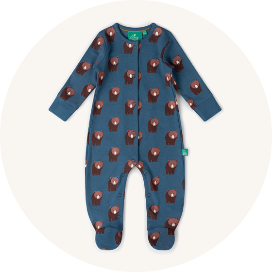Little Green Radicals Organic Cotton blue babygrow with bear design to represent Little Green Radicals babygrows and rompers at Babipur.
