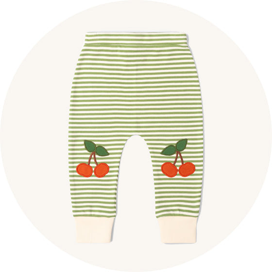 Little Green Radicals Cherry Knee Patch Striped Joggers in Green, made from organic cotton, to represent all Little Green Radicals bottoms at Babipur. 