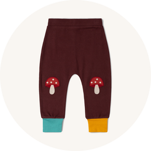 Little Green Radicals Knee Patch Joggers - Toadstool to represent Little Green Radicals organic cotton trousers at Babipur.