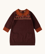 Little Green Radicals collecting flowers knitted collar dress available at Babipur. A dark maroon dress with a light brown collar and cuff trim. Features 2 side pockets and a cute retro flower design on the top