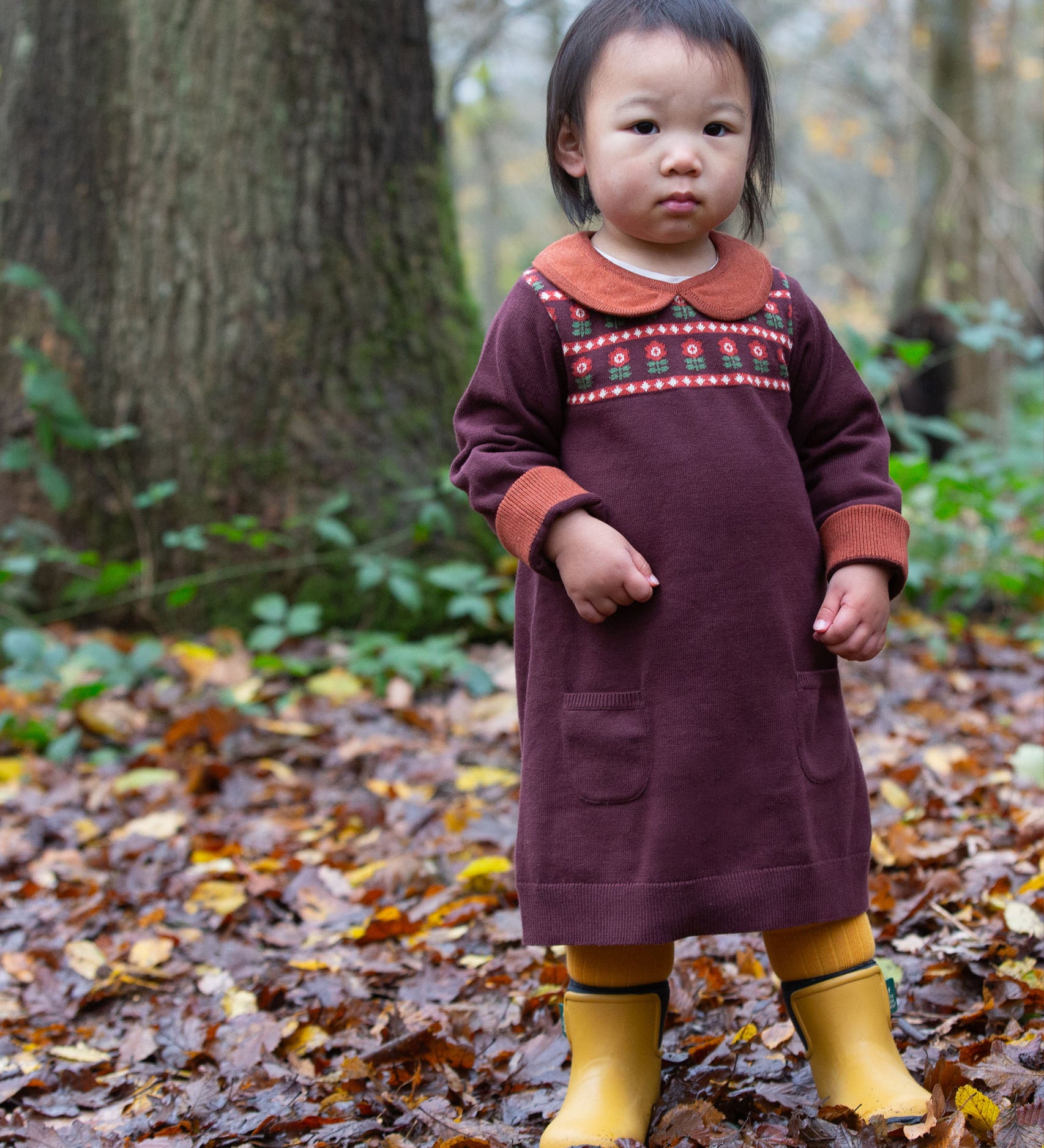 A child standing in woodland and wearing the dark maroon Little Green Radicals collecting flowers knitted collar dress.
