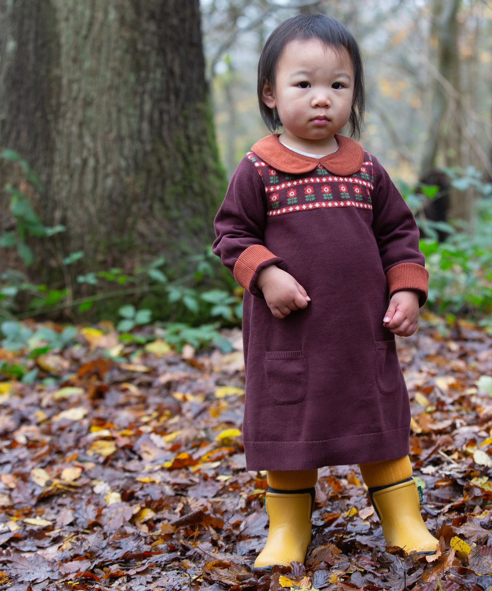 A child standing in woodland and wearing the dark maroon Little Green Radicals collecting flowers knitted collar dress.