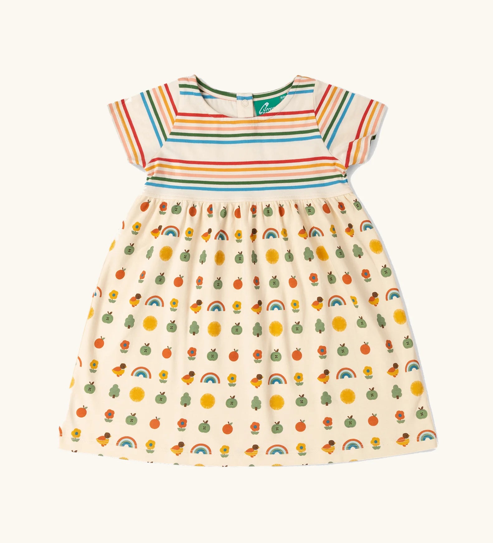 Little Green Radicals vintage style cream rainbows easy peasy summer toddler dress. A cream rainbow striped body with a skirt featuring a repeat nature themed pattern.