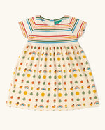 Little Green Radicals vintage style cream rainbows easy peasy summer toddler dress. A cream rainbow striped body with a skirt featuring a repeat nature themed pattern.