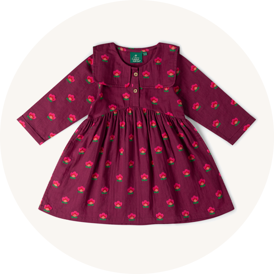 Little Green Radicals Organic Cotton sailor dress in plum with pink flower print to represent Little Green Radicals dresses at Babipur.
