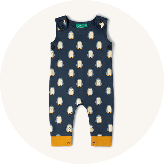 Little Green Radicals Organic Cotton blue dungarees with penguin design to represent Little Green Radicals dungarees at Babipur.