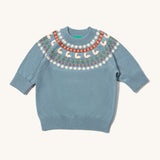 Little Green Radicals fairisle knitted jumper in little ducks available at Babipur. A GOTS organic cotton jumper in a soft knit style in light blue with a little duck fairisle design on the top. Features soft elasticated cuffs and hem for a comfortable fit.