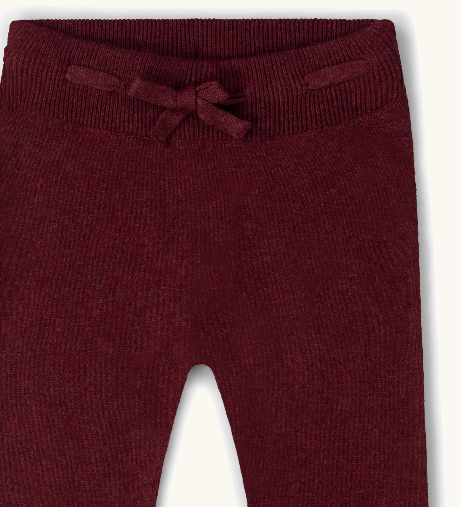 Little Green Radicals Fairtrade Organic Cotton Knitted Joggers in crimson Winter Berry with drawstring.