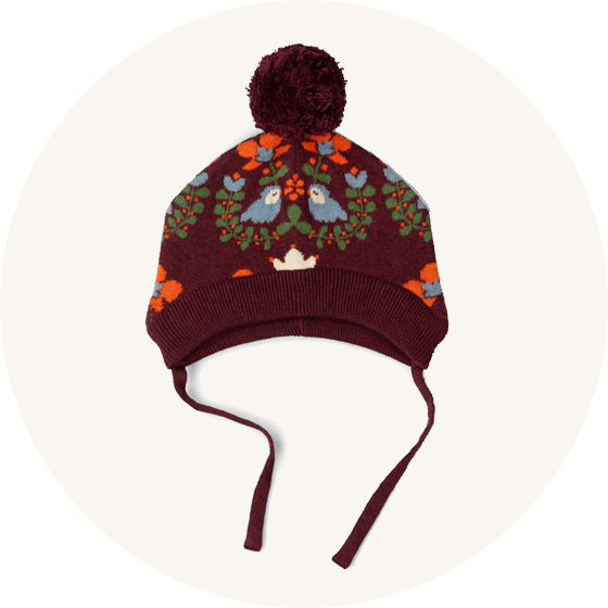 Little Green Radicals Organic Cotton Knitted Bobble Hat in Brown Folk Birds design to represent Little Green Radicals hats and gloves at Babipur.
