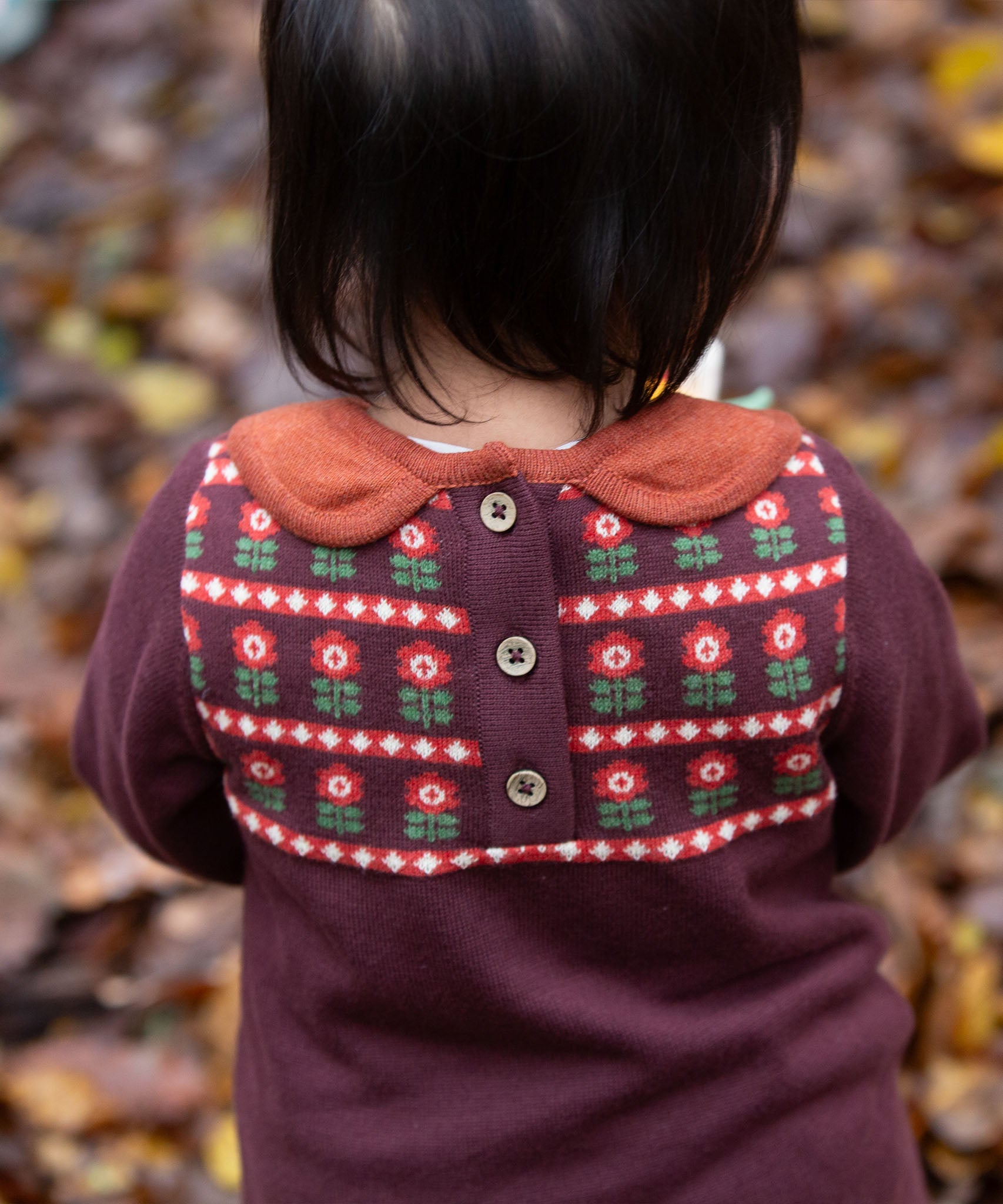 A close up of a child wearing the dark maroon Little Green Radicals collecting flowers knitted collar dress showing the button fastener detail on the back of the dress
