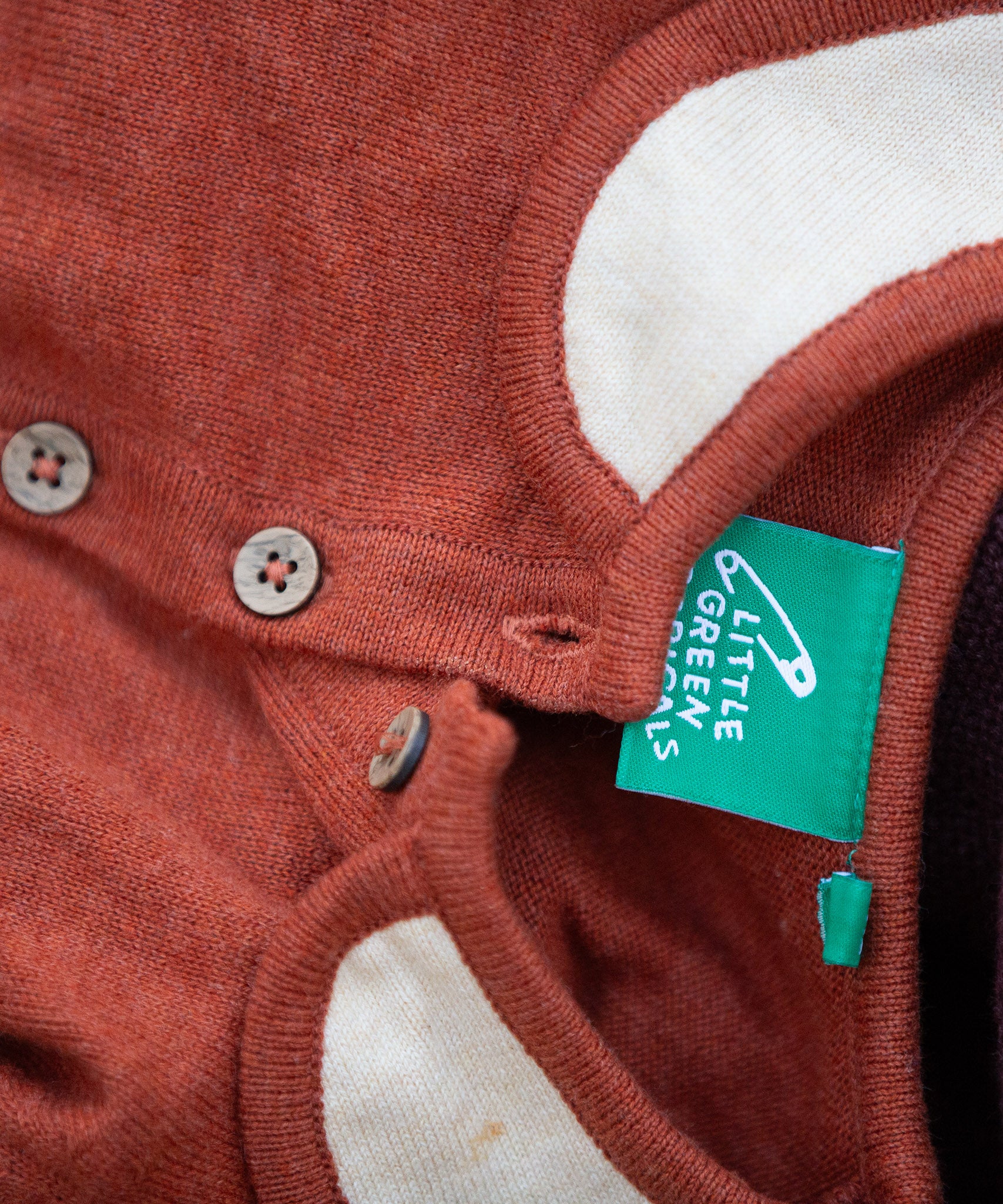 Close up of Little Green Radicals Long-Sleeve Knitted Collar Dress in Ginger Orange - showing wooden buttons, a cream Peter Pan collar with orange trim - made from soft Fairtrade GOTS organic cotton.
