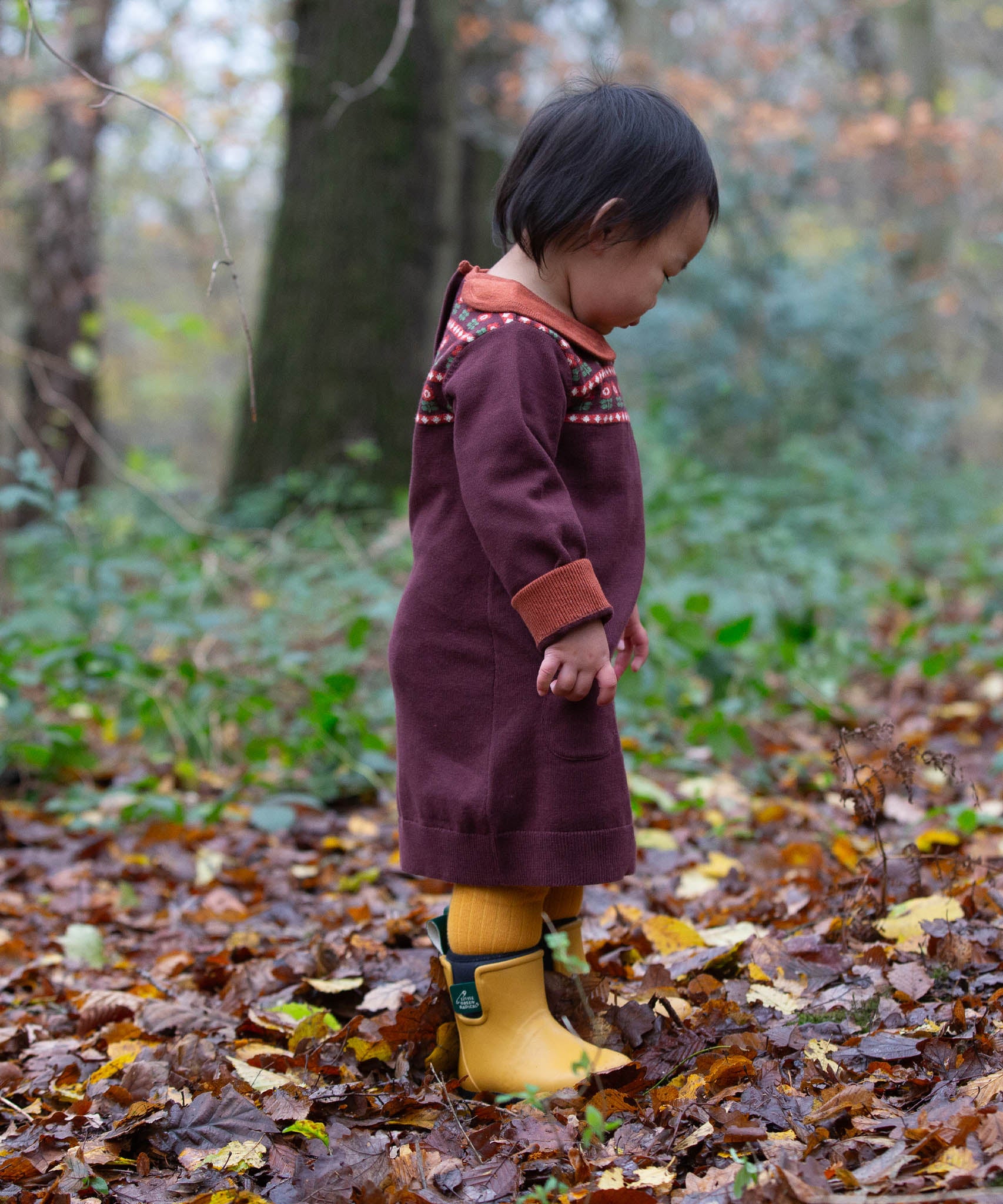 A child standing in woodland and wearing the Little Green Radicals collecting flowers knitted collar dress.
