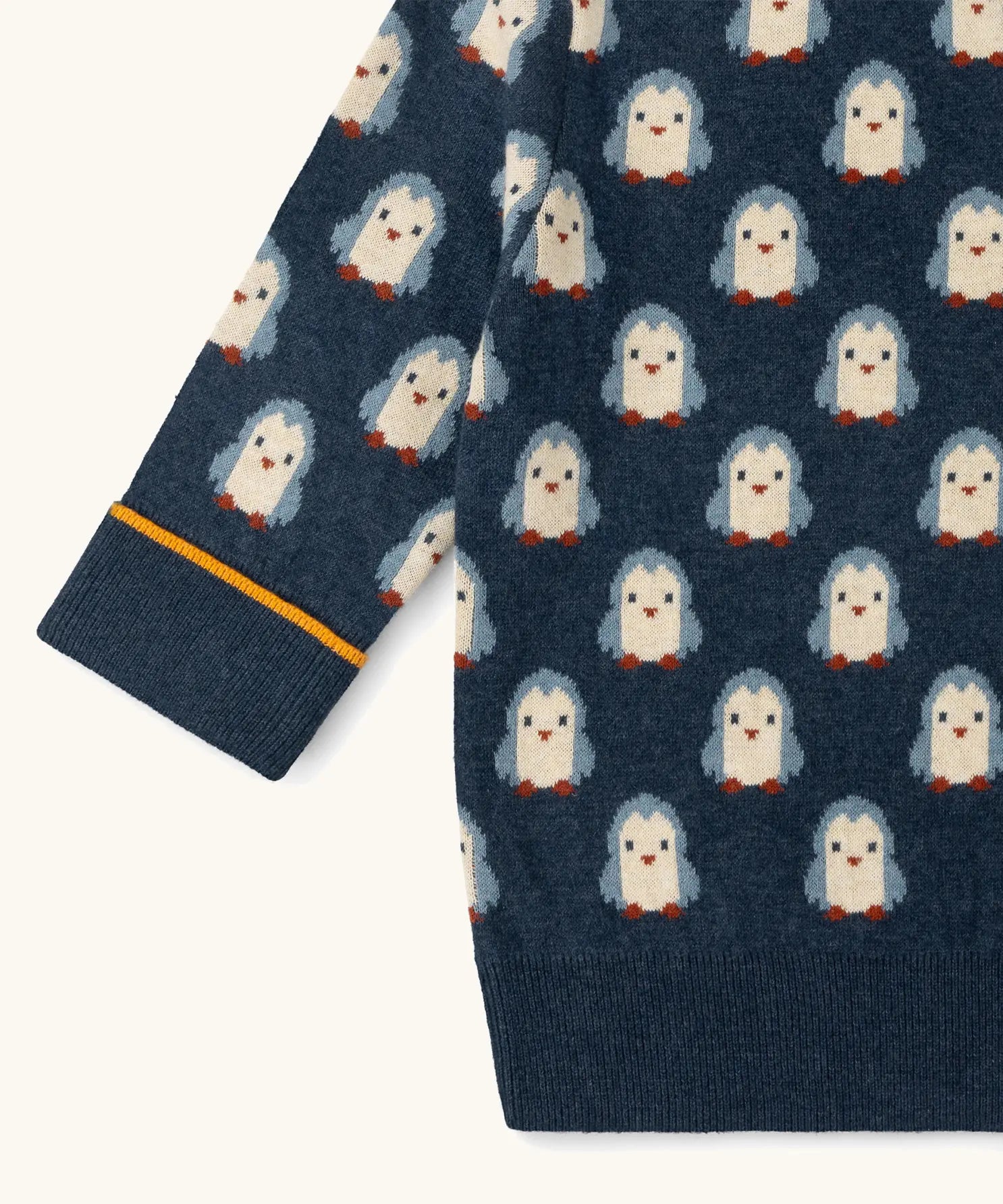 Little Green Radicals Knitted Jumper in Blue with penguin design, made from soft organic and Fairtrade certified cotton.