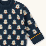 Little Green Radicals Knitted Jumper in Blue with penguin design with yellow stripe on cuff, made from Fairtrade certified cotton.