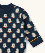 Little Green Radicals Knitted Jumper in Blue with penguin design with yellow stripe on cuff, made from Fairtrade certified cotton.