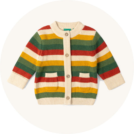 Little Green Radicals Knitted Snuggly Cardigan in Rainbow stripes with wooden buttons, made from organic cotton, to represent all Little Green Radicals jumpers at Babipur. 