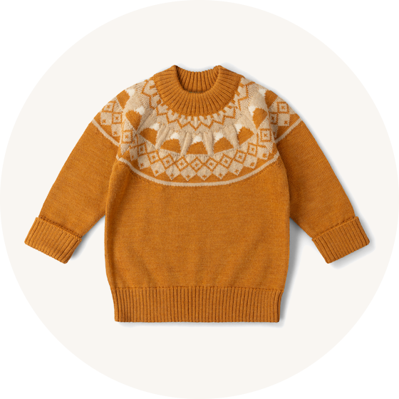 Little Green Radicals Organic Cotton knitted jumper in gold yellow with mountain fairisle design to represent Little Green Radicals Autumn Winter at Babipur.