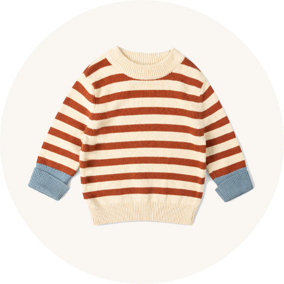 Little Green Radicals Knitted Jumper in Ginger and cream Stripes with blue cuffs, made from organic cotton, to represent all Little Green Radicals knitwear at Babipur. 