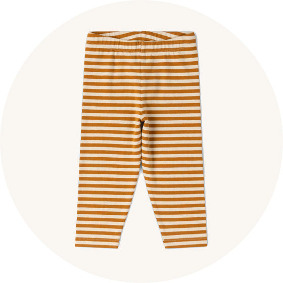 Little Green Radicals Striped Leggings in Apricot, made from organic cotton, to represent all Little Green Radicals leggings at Babipur.