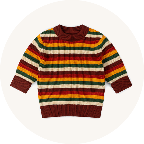 Little Green Radicals Organic Cotton knitted jumper in earthy rainbow stripe to represent Little Green Radicals knitwear at Babipur.