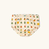 The organic cotton bloomers included with the Little Green Radicals vintage style cream rainbows easy peasy summer toddler dress. 