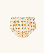 The organic cotton bloomers included with the Little Green Radicals vintage style cream rainbows easy peasy summer toddler dress. 